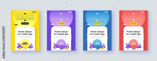 Poster frame with phone interface. We are hiring tag. Recruitment agency sign. Hire employees symbol. Cellphone offer with quote bubble. Hiring message. Vector