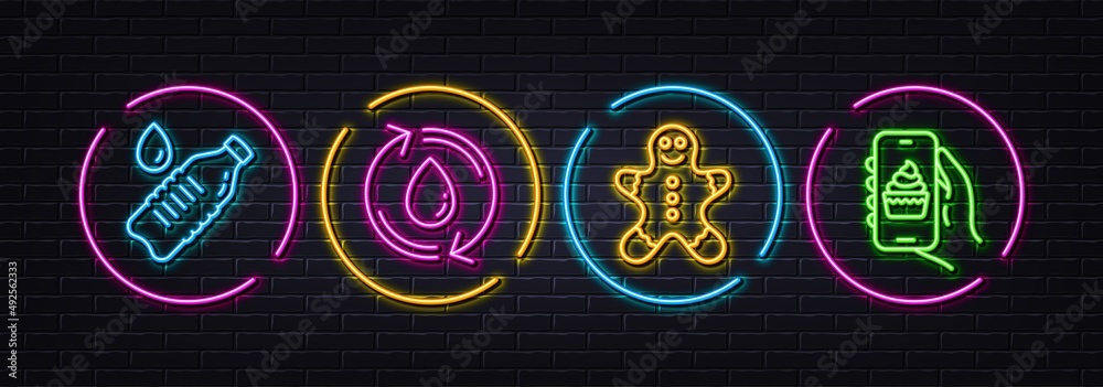 Gingerbread man, Water bottle and Refill water minimal line icons. Neon laser 3d lights. Food app icons. For web, application, printing. Christmas cookie, Still drink, Recycle aqua. Vector
