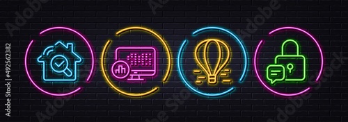 Report statistics, Inspect and Air balloon minimal line icons. Neon laser 3d lights. Lock icons. For web, application, printing. Graph chart, Search building, Flight travel. Padlock message. Vector