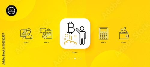Clipboard, Calculator and Bitcoin project minimal line icons. Yellow abstract background. Presentation board, Wallet money icons. For web, application, printing. Vector