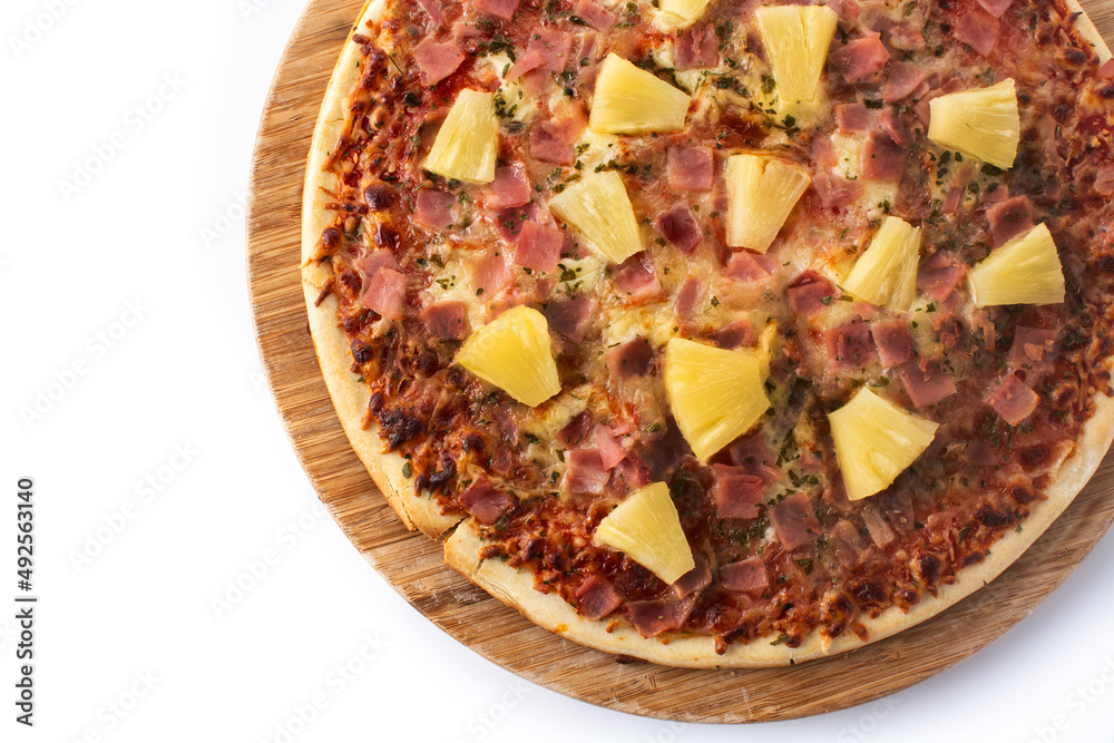 Hawaiian pizza with pineapple,ham and cheese isolated on white background Hawaiian pizza with pineapple,ham and cheese isolated on white background