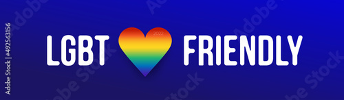 Lgbtq pride month flag concept. Lgbt rainbow flag symbol. 2022 Gradient heart shape sign with lgbt friendly. Design for freedom and diversity banner, background, poster. Vector flat illustration.