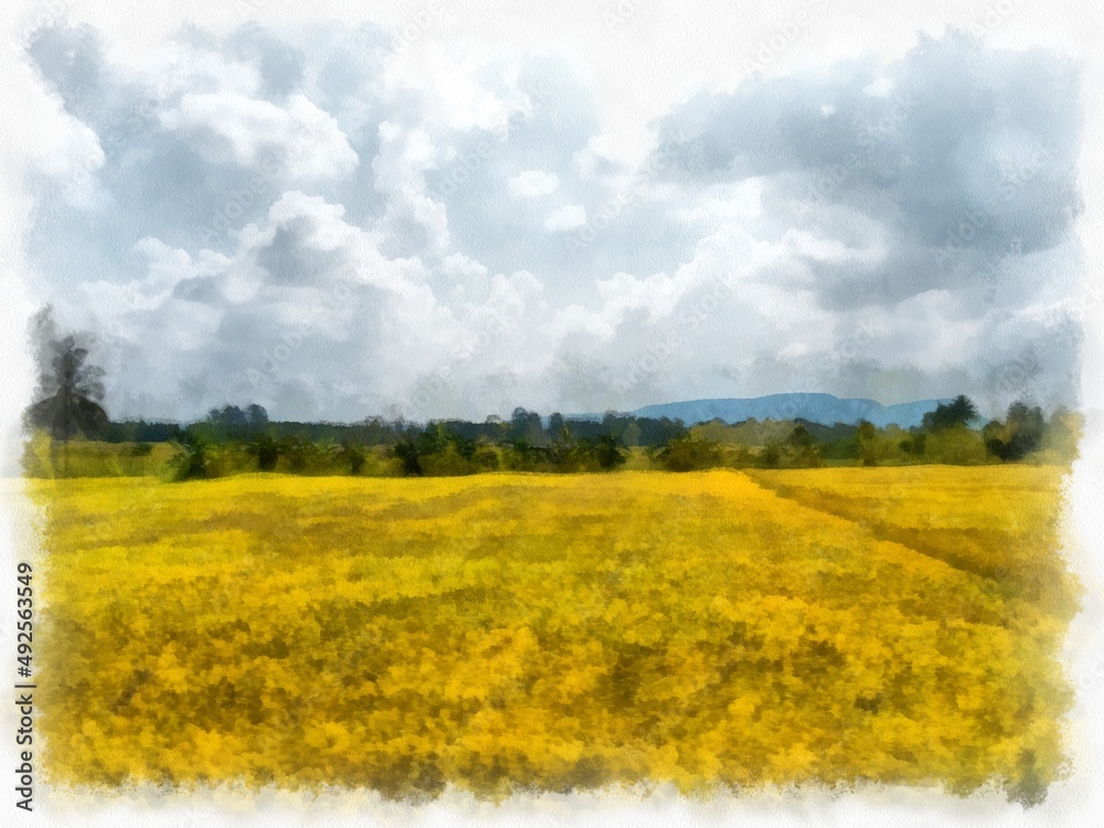 meadows and mountains forest clouds and sky watercolor style illustration impressionist painting.