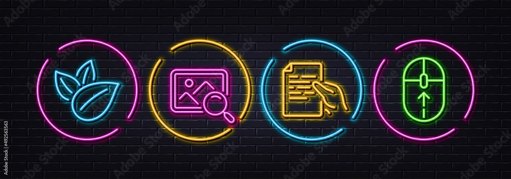 Search photo, Organic product and Hold document minimal line icons. Neon laser 3d lights. Swipe up icons. For web, application, printing. Find image, Leaves, Page file. Scrolling page. Vector