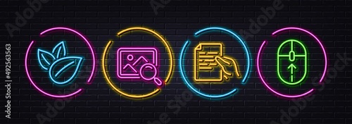 Search photo, Organic product and Hold document minimal line icons. Neon laser 3d lights. Swipe up icons. For web, application, printing. Find image, Leaves, Page file. Scrolling page. Vector