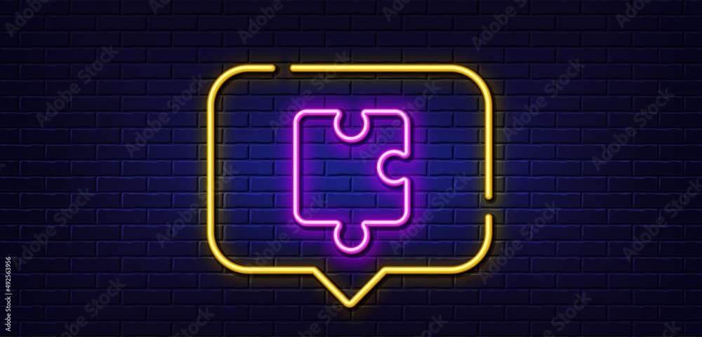 Neon light speech bubble. Puzzle piece line icon. Jigsaw game shape sign. Business strategy element. Neon light background. Puzzle glow line. Brick wall banner. Vector Neon light speech bubble. Puzzle piece line icon. Jigsaw game shape sign. Business strategy element. Neon light background. Puzzle glow line. Brick wall banner. Vector