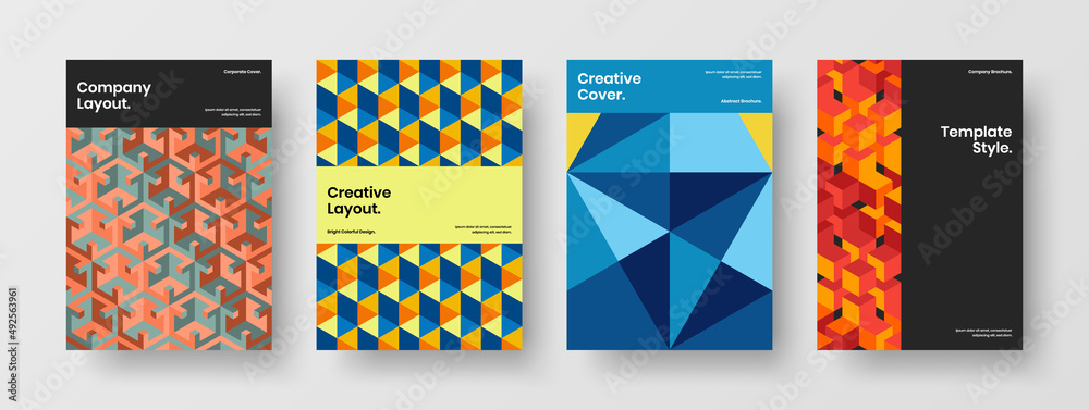 Vivid booklet A4 design vector layout set. Trendy mosaic shapes company identity illustration collection.