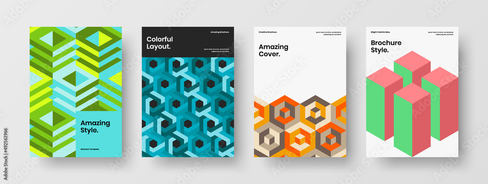 Multicolored geometric tiles placard concept collection. Amazing magazine cover vector design layout set.