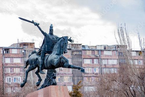 Statue of a commander. Rider on horseback with sword in hand. Monument to Vardan Mamikonyan, Yerevan, Armenia photo