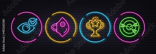 Victory, Check eye and Medical mask minimal line icons. Neon laser 3d lights. Targeting icons. For web, application, printing. Championship prize, Vision, Surgical mask. Target with arrows. Vector