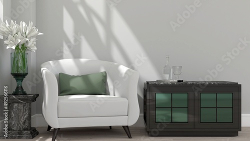 Set of furniture in modern classic style on wooden floor with light grey background and light ray from window on wall. 3D illustration.