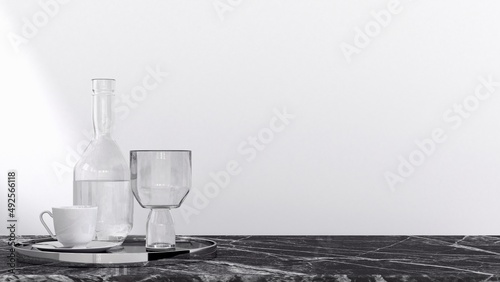 Close up a cup of coffee, bottle of glass and a water glass on black marble top in white background with light ray on it. 3D illustration.