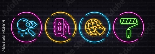 Friends world, Search and Support minimal line icons. Neon laser 3d lights. Paint roller icons. For web, application, printing. Love, Find document, Phone info. Painter brush. Vector