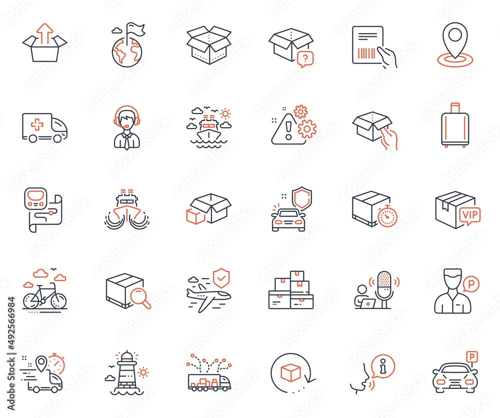Transportation icons set. Included icon as Search package, Car secure and Return package web elements. Lighthouse, Truck delivery, Parking icons. Shipping support, Valet servant. Vector Transportation icons set. Included icon as Search package, Car secure and Return package web elements. Lighthouse, Truck delivery, Parking icons. Shipping support, Valet servant. Vector