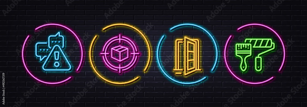Parcel tracking, Open door and Warning minimal line icons. Neon laser 3d lights. Paint roller icons. For web, application, printing. Box in target, Entrance, Important message. Painter brush. Vector