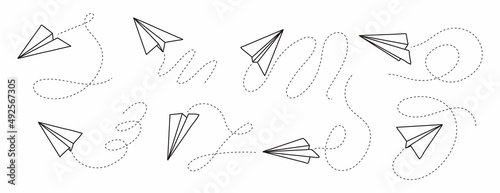 Plane icon with fly rout vector. Paper airplane in hand drawn style. Outline paper aircraft. Doodle message, sms, e-mail symbols.