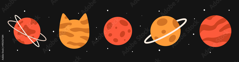 Vector planet set in flat style. Orange and red planets with spots, stripes and rings. Planet in the shape of a cat. - obrazy, fototapety, plakaty 