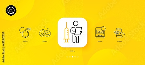 Augmented reality, Recovery ssd and Education minimal line icons. Yellow abstract background. Vaccination announcement, Medical tablet icons. For web, application, printing. Vector