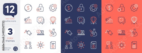 Set of People voting, Multichannel and Technical info line icons. Include Cogwheel, Faq, Lock icons. Dollar money, Recovery data, Air balloon web elements. Drag drop, Euro rate. Vector