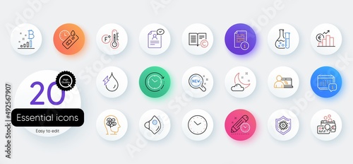 Simple set of Time, Medical mask and Project deadline line icons. Include Manual, Stress, New products icons. Resume document, Calendar, Fahrenheit thermometer web elements. Inspect. Vector