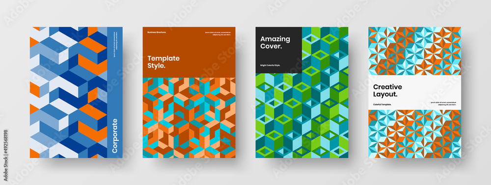 Vivid catalog cover design vector template set. Creative mosaic hexagons corporate identity illustration bundle. Vivid catalog cover design vector template set. Creative mosaic hexagons corporate identity illustration bundle.
