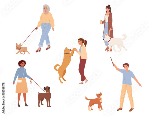 Set with people with their dogs on white background. Man and woman playing with pet. Cute illustration of relationship and friendship between humans and animals. Flat vector © kat