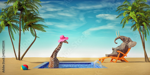 Canvas Print Giraffe and an elephant relaxing at a tropical pool.