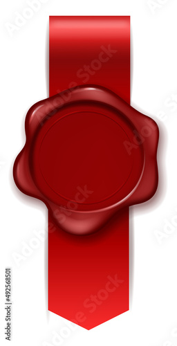 Red rubber seal with silk ribbon. Realistic stamp template
