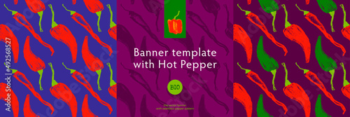 Vector hot pepper banner. Hand-drawn pattern. Peppers illustration. Pepper drawings. Red chilli background. Organic homemade vegetables. Vegan food wallpaper. Spices backdrop. Vegetarian restaurant.