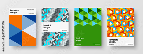 Unique geometric pattern front page illustration bundle. Multicolored corporate cover design vector template composition.