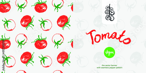 Tomatoes flyer. Tomato drawings for Italian food poster, spanish cooking ad card. Cooking courses vector panoramic banner template. Hand-drawn illustration. Organic vegetables. Vegan restaurant menu.