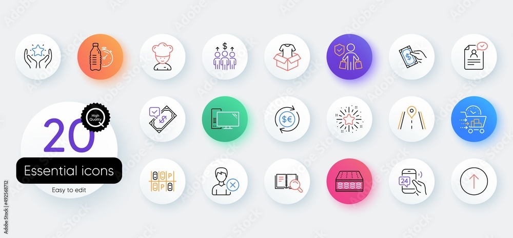 Simple set of Clothing, Cooking chef and Meeting line icons. Include Money currency, Swipe up, Resume document icons. Buyer insurance, Computer, Mattress web elements. Road, Pay money. Vector Simple set of Clothing, Cooking chef and Meeting line icons. Include Money currency, Swipe up, Resume document icons. Buyer insurance, Computer, Mattress web elements. Road, Pay money. Vector