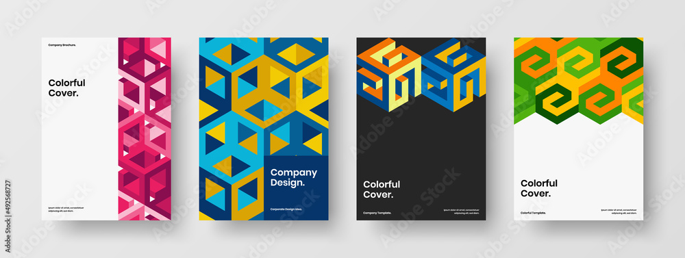 Trendy cover design vector template collection. Fresh geometric pattern pamphlet layout composition.