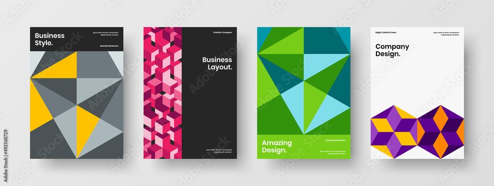 Vivid booklet design vector layout composition. Minimalistic mosaic hexagons magazine cover template bundle.