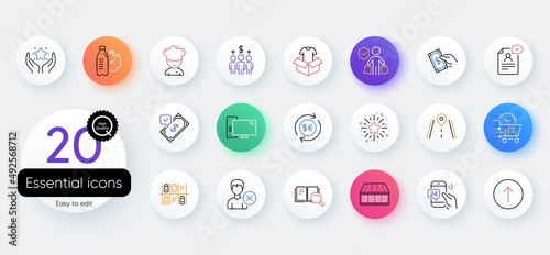 Simple set of Clothing, Cooking chef and Meeting line icons. Include Money currency, Swipe up, Resume document icons. Buyer insurance, Computer, Mattress web elements. Road, Pay money. Vector