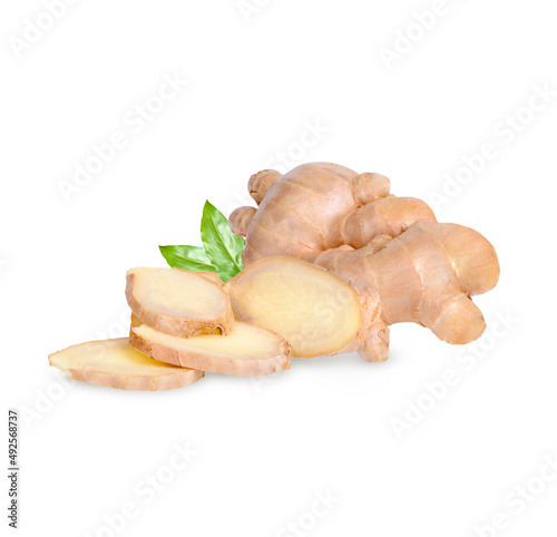 Fresh ginger rhizome and sliced with leaves isolated on white background