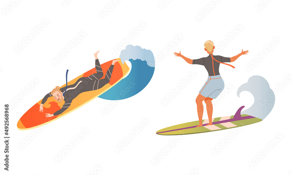 People surfers riding ocean or sea waves cartoon vector illustration