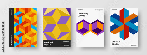 Clean company brochure vector design illustration bundle. Colorful mosaic pattern presentation template collection.