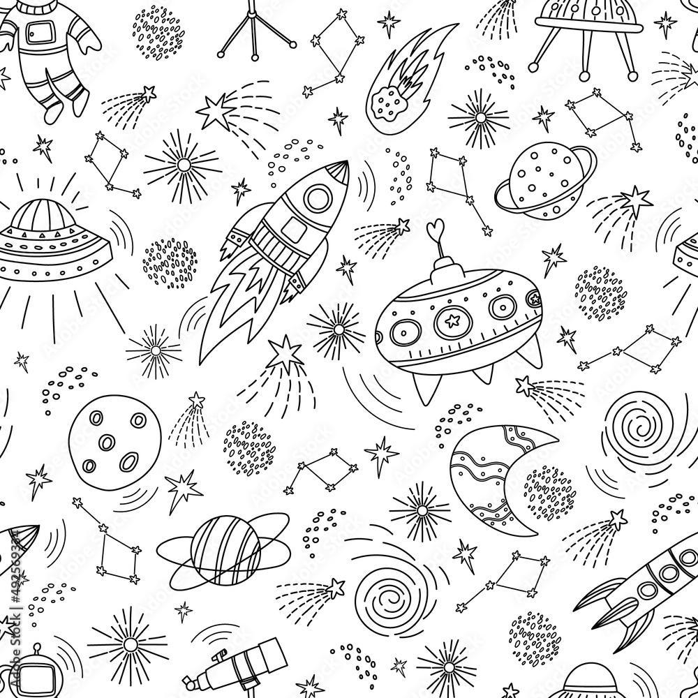 Seamless pattern made with cosmo and space elements. Hand drawn colorful doodles. Seamless pattern made with cosmo and space elements. Hand drawn colorful doodles.
