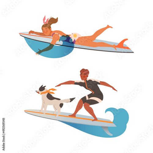 People in swimwear riding ocean or sea waves on surf boards set cartoon vector illustration