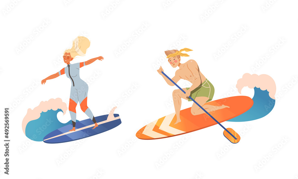 People in swimwear surfing set. Guy and girl riding ocean or sea waves on surf board cartoon vector illustration