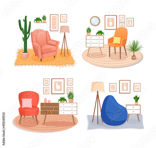 Set of cute interiors with chair, armchair and beanbag. Cute interior with modern furniture and houseplants. Vector flat style illustration. Trendy scandinavian hygge apartment, living room.