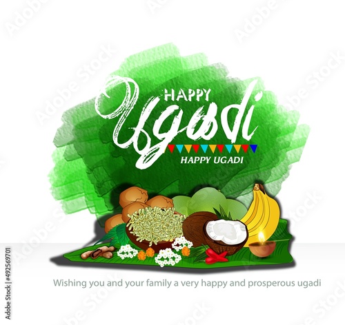 ugadi Greeting card,poster, banner with traditional food pachadi with all flavors for Indian New Year festival Ugadi (Gudi  photo