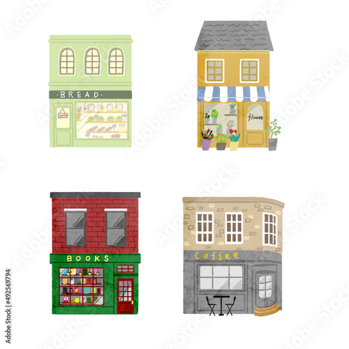 水彩ベクターイラスト　パン屋　花屋　本屋　カフェ
