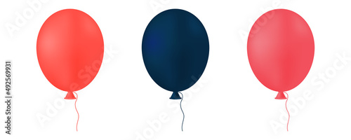 Set of air helium balloons with ribbon. Collection of realistic balloons of different colors, matte shades. Festive colorful decorative 3d render object. Decoration celebration design elements. Vector