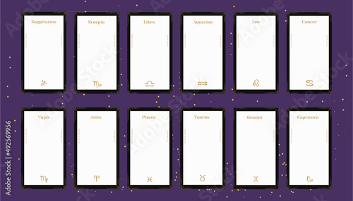 set of Templates for the horoscope in instagram stories of history. An elegant collection for an esoteric zodiac horoscope for a logo or poster on a black background.