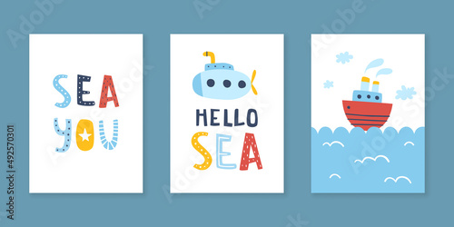 Naive sea posters set for nursery. Nautical prints collection for kids. Marine art bundle with ships and lettering.