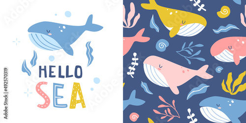 Whales pattern collection with lettering. Underwater seamless vector print for fabric and apparel.