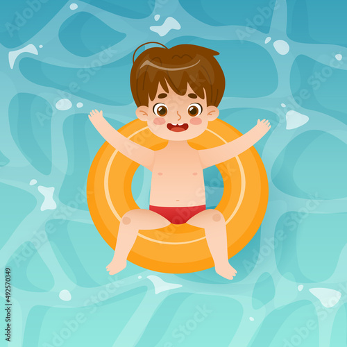 Cartoon boy sitting on the inflatable ring. Happy little child on the water with swim ring. Kid on summer vacation.