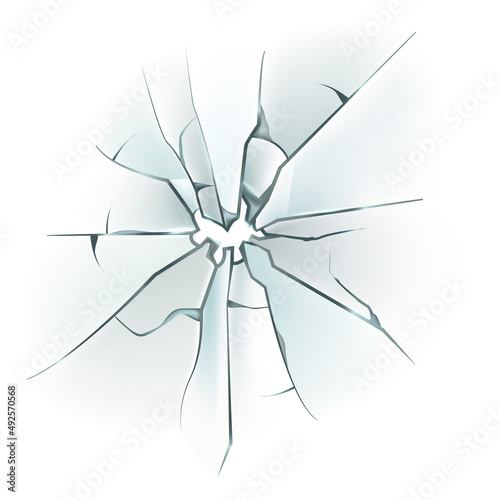 Transparent hit cracks. Realistic shattered glass. Bullet hole